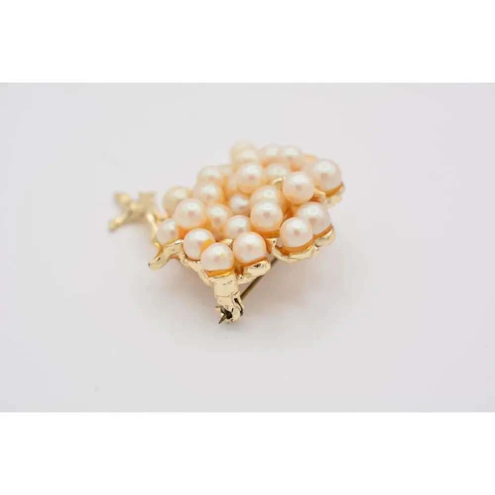 Vintage Tree Pin Brooch Faux Pearl Cluster Gold Tone Chunky Heavy 1980s BinAT